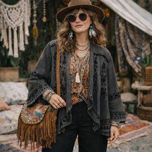 Young Threads Rustic Black Embroidered Cotton Knit Drapey Sweater Cardigan